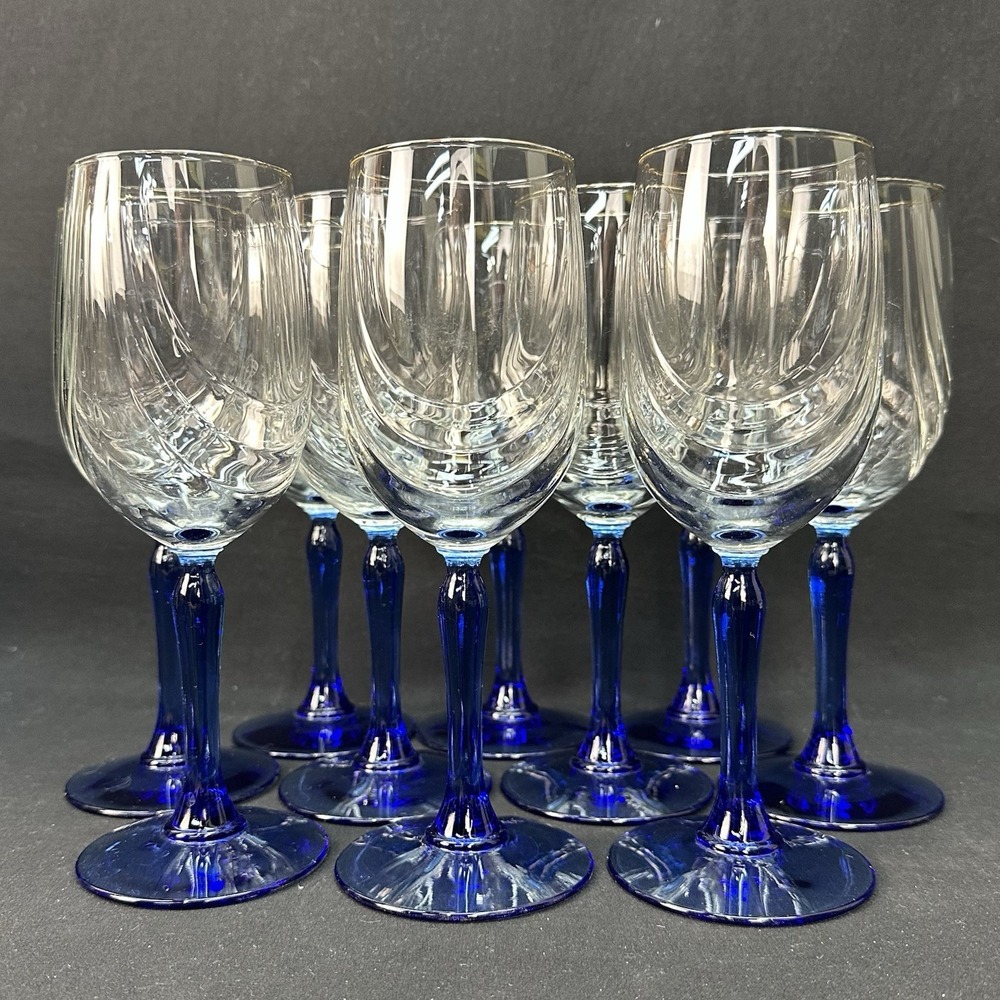 Libbey 'Crystal Blue' 8" Water‎ Goblet, Drape Optic With Gold Trim, Set of  10